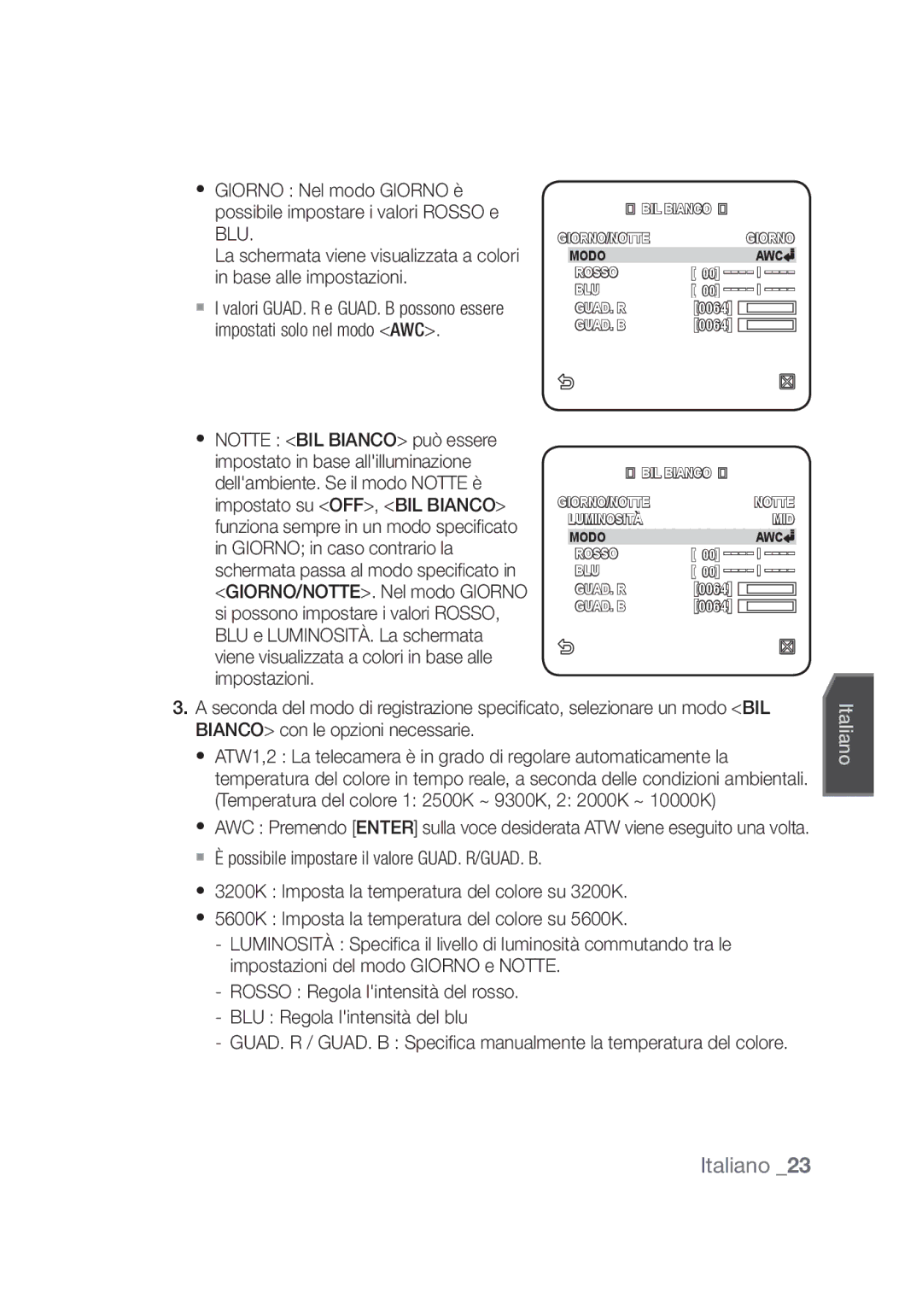 Samsung SCC-C4355P, SCC-C4253P manual GIORNO/NOTTE Giorno Modo AWC Rosso BLU GUAD. R 