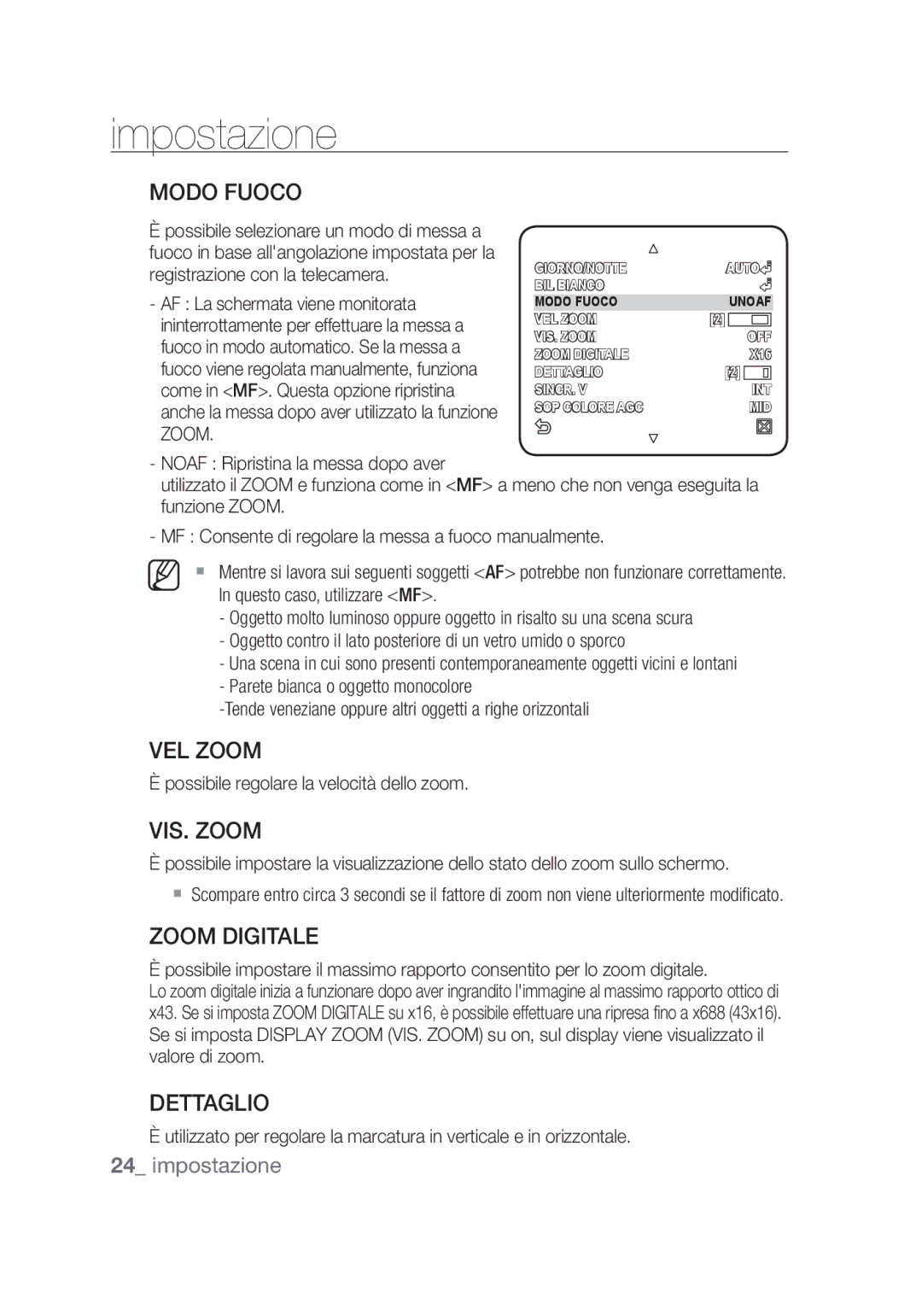 Samsung SCC-C4253P, SCC-C4355P manual Modo Fuoco, VEL Zoom, VIS. Zoom, Zoom Digitale, Dettaglio 