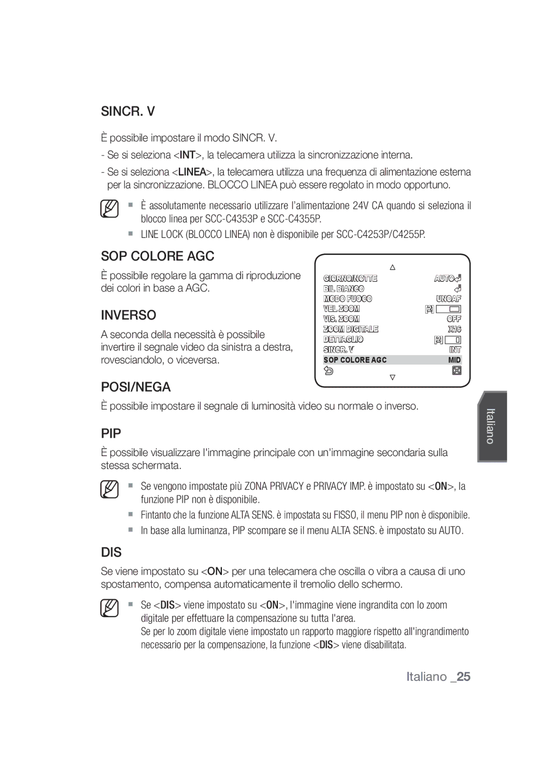 Samsung SCC-C4355P, SCC-C4253P manual Sincr, SOP Colore AGC, Inverso, Funzione PIP non è disponibile 