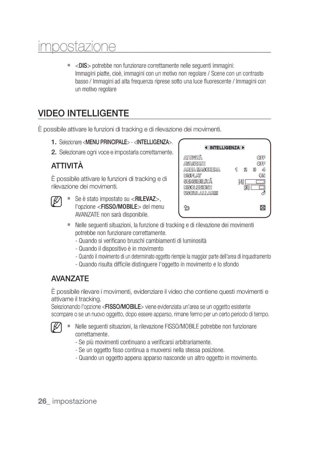 Samsung SCC-C4253P, SCC-C4355P manual Video intelligente, Avanzate, Possibile attivare le funzioni di tracking e di 