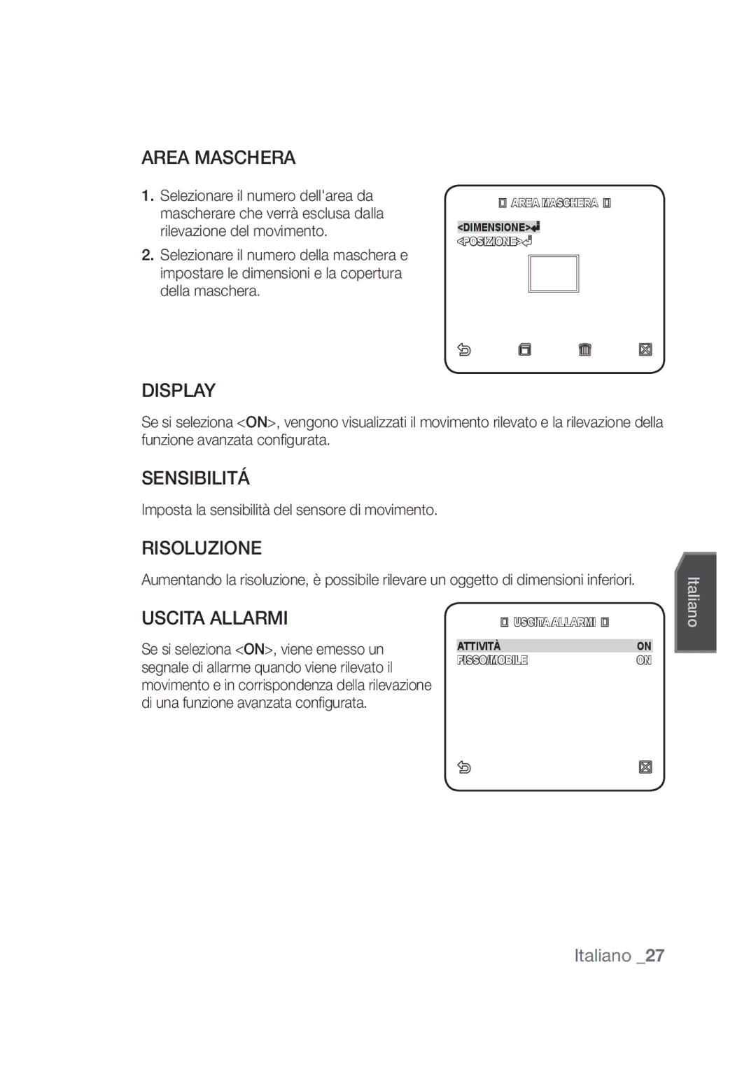 Samsung SCC-C4355P, SCC-C4253P manual Area Maschera, Sensibilitá, Risoluzione, Uscita Allarmi 