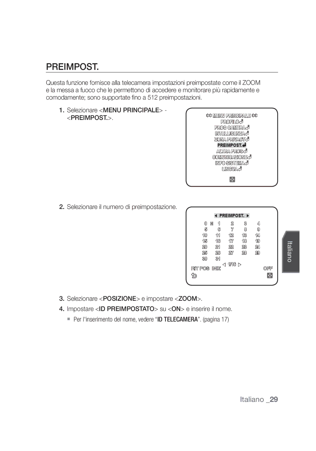 Samsung SCC-C4355P, SCC-C4253P manual Selezionare Menu Principale Preimpost, Selezionare il numero di preimpostazione 