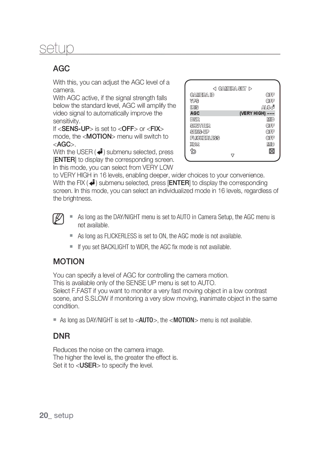 Samsung SCC-C4355P, SCC-C4253P manual Agc, Motion, Dnr 