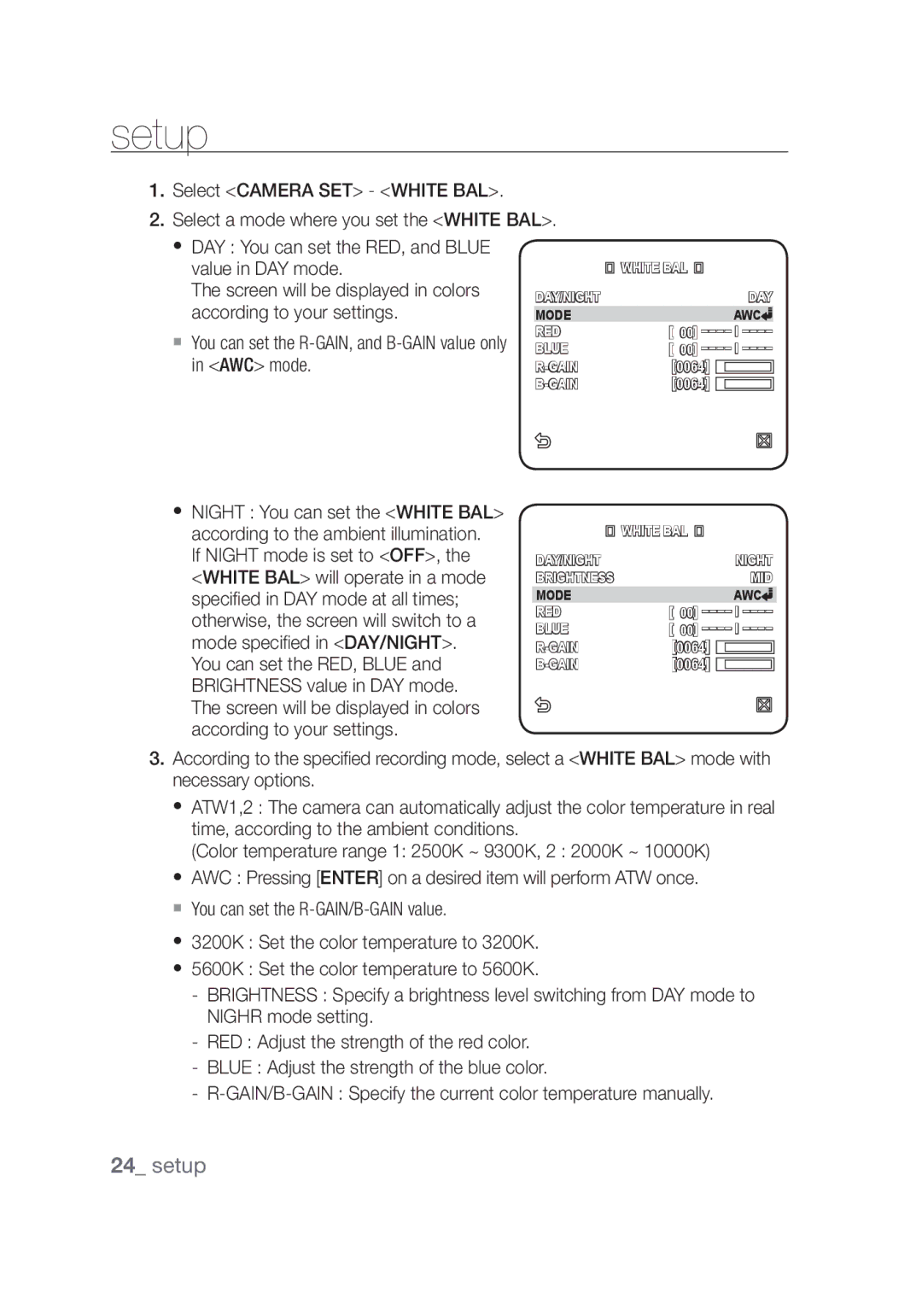 Samsung SCC-C4355P, SCC-C4253P manual DAY/NIGHT Mode AWC RED Blue Gain 