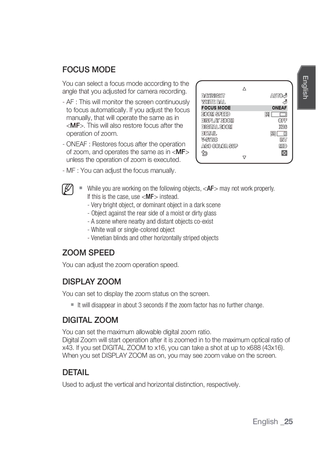 Samsung SCC-C4253P, SCC-C4355P manual Zoom Speed, Display Zoom, Digital Zoom, Detail 