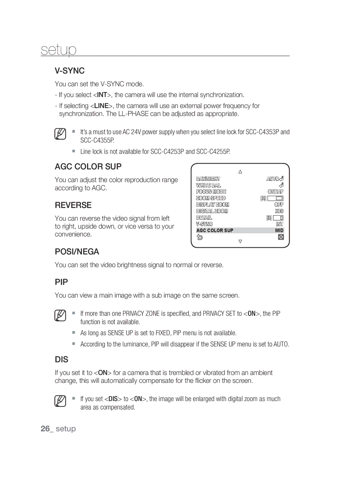 Samsung SCC-C4355P, SCC-C4253P manual Sync, AGC Color SUP, Reverse, Posi/Nega, Pip, Dis 