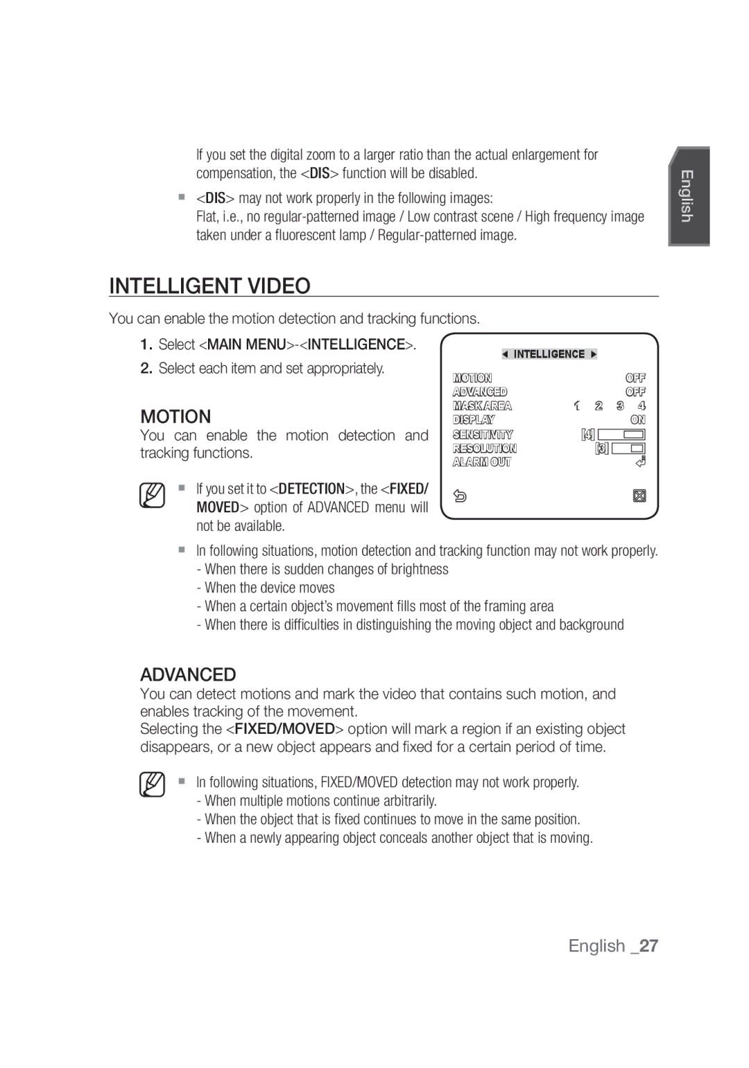 Samsung SCC-C4253P, SCC-C4355P manual Intelligent Video, Advanced 