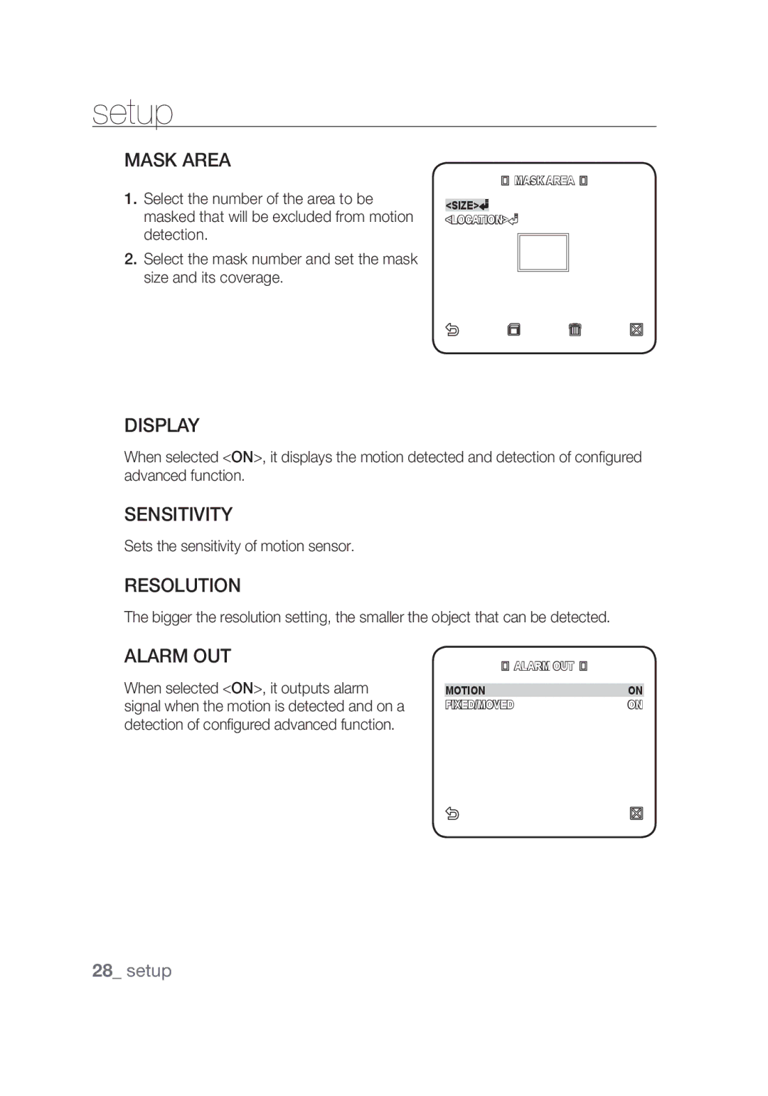 Samsung SCC-C4355P, SCC-C4253P manual Mask Area, Display, Sensitivity, Resolution, Alarm OUT 