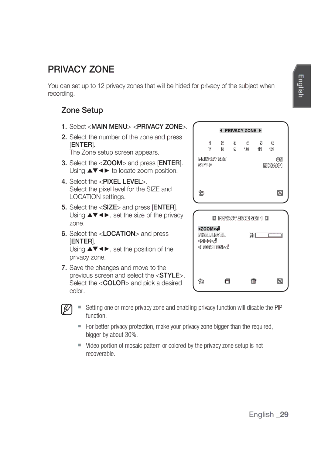 Samsung SCC-C4253P, SCC-C4355P manual Privacy Zone, Zone Setup 