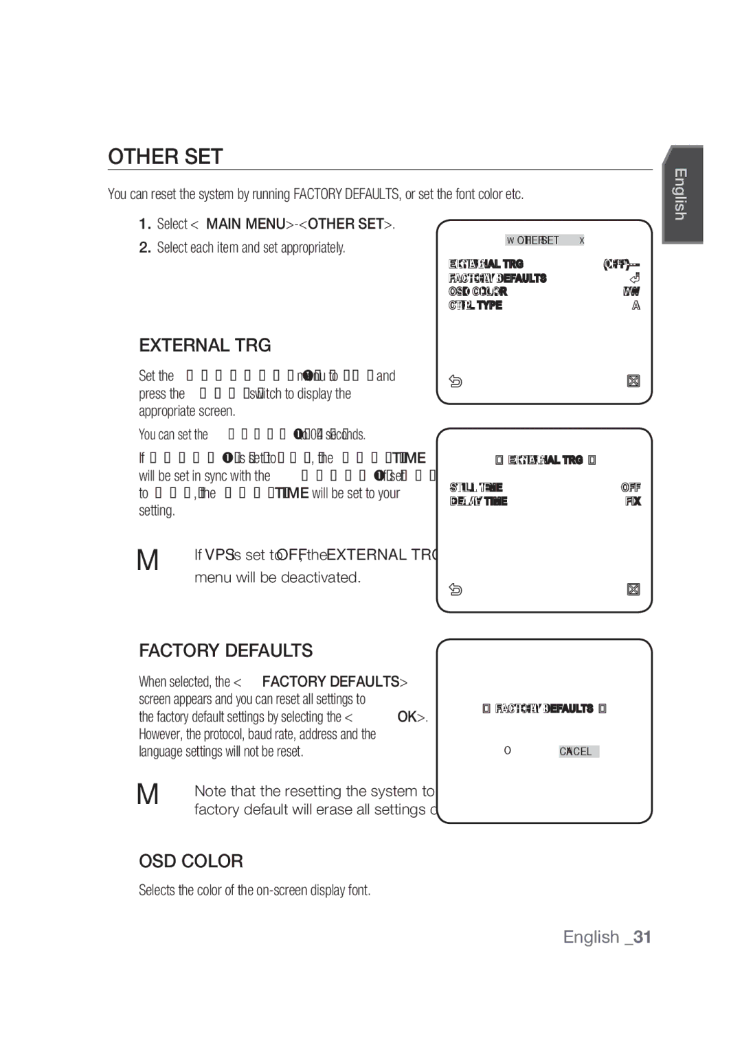 Samsung SCC-C4253P, SCC-C4355P manual Other SET, External TRG, Factory Defaults, OSD Color 