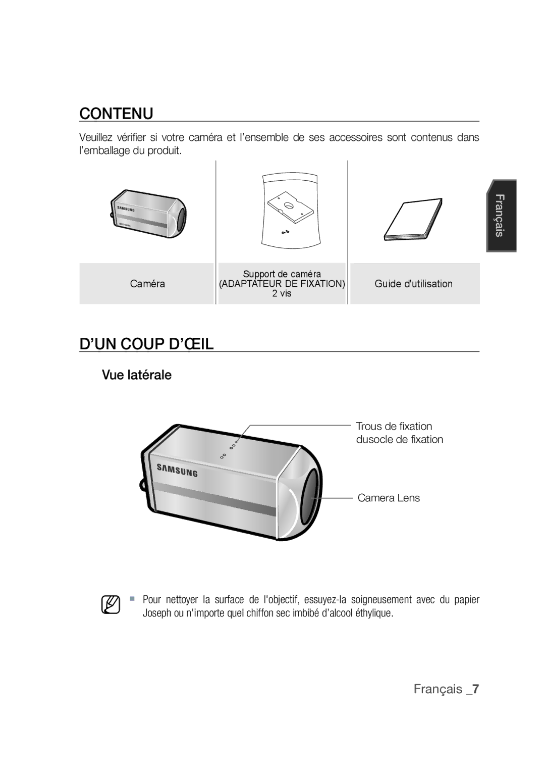 Samsung SCC-C4355P, SCC-C4253P manual Contenu, ’un coup d’œil, Vue latérale, Guide dutilisation 