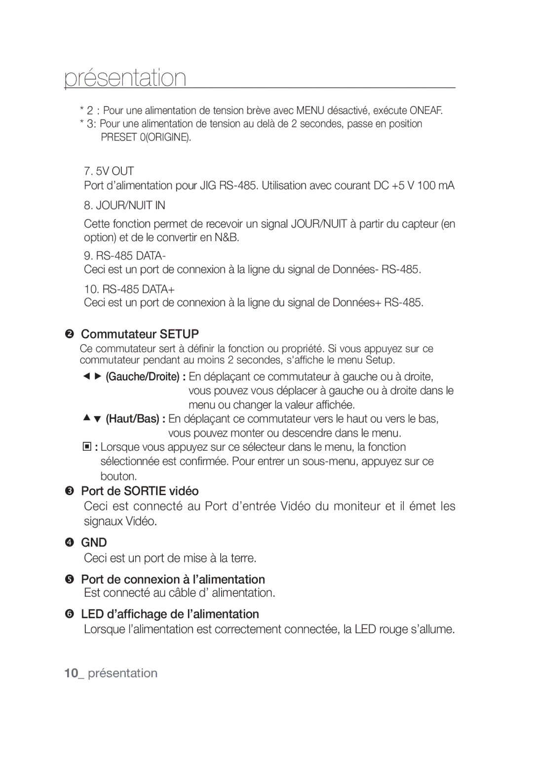 Samsung SCC-C4253P, SCC-C4355P manual  Commutateur Setup, Ceci est un port de mise à la terre, 10 présentation 