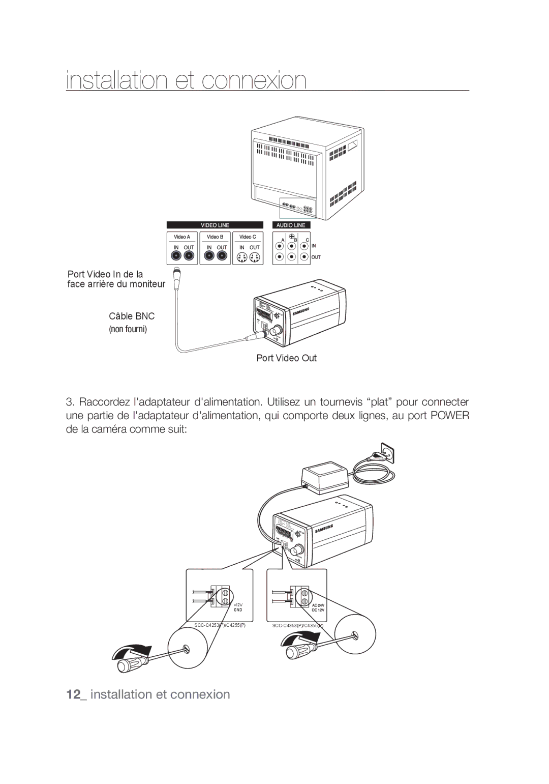 Samsung SCC-C4253P, SCC-C4355P manual Installation et connexion 