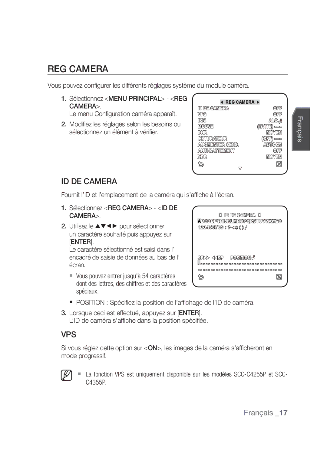 Samsung SCC-C4355P, SCC-C4253P manual REG Camera, ID DE Camera 