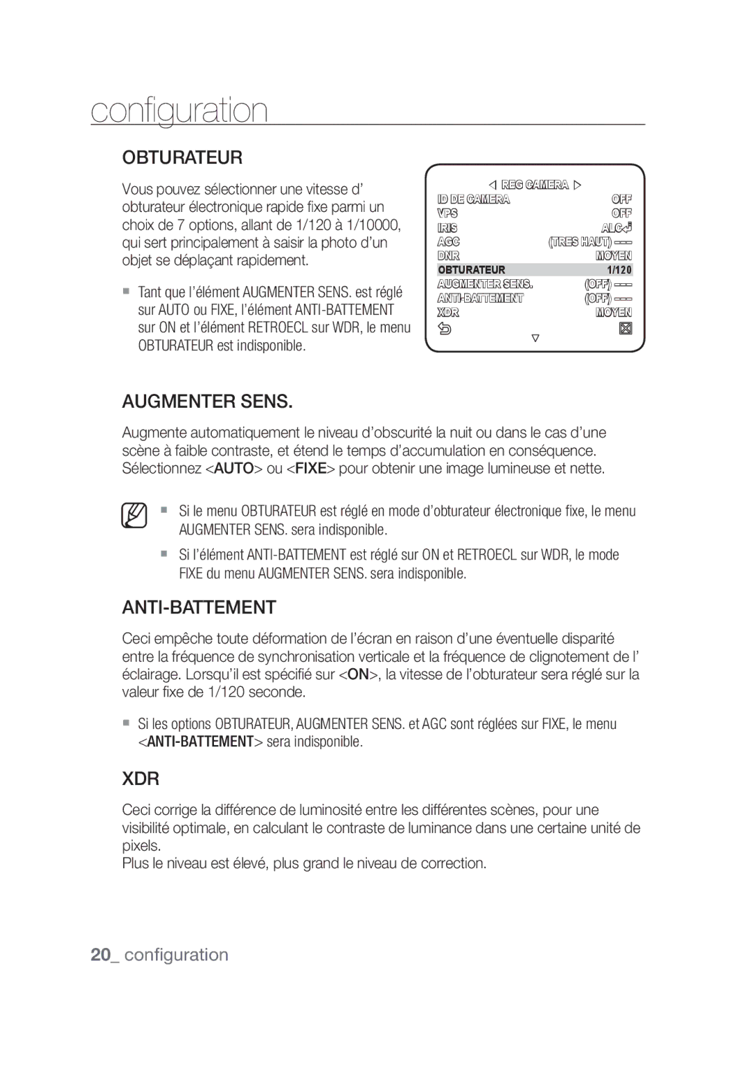 Samsung SCC-C4253P, SCC-C4355P manual Obturateur, Augmenter Sens, Anti-Battement, Augmenter SENS. sera indisponible 