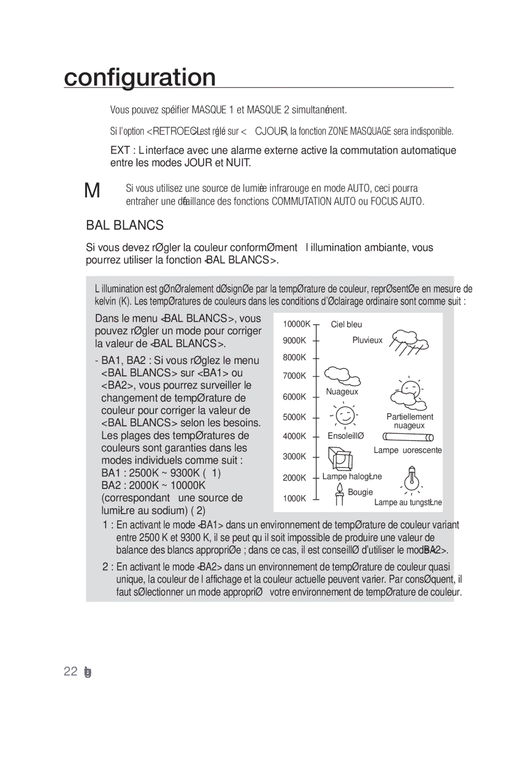 Samsung SCC-C4253P, SCC-C4355P manual BAL Blancs,  Vous pouvez spécifier Masque 1 et Masque 2 simultanément 