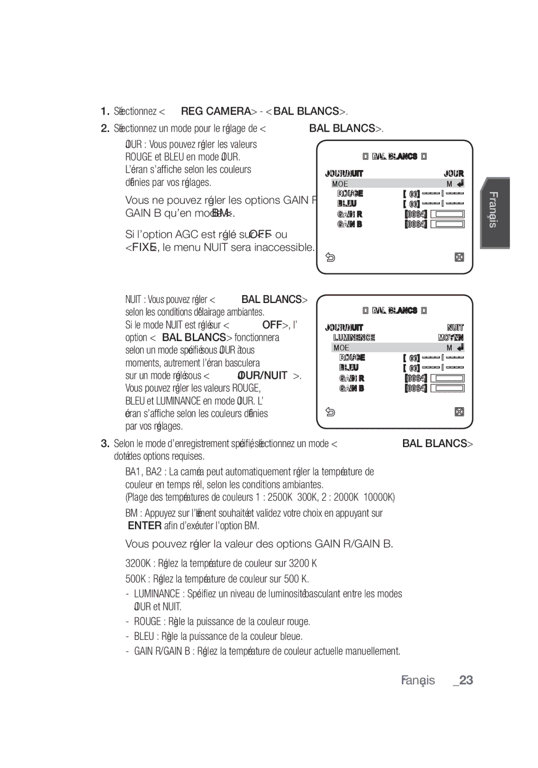 Samsung SCC-C4355P, SCC-C4253P manual JOUR/NUIT Jour Mode Rouge Bleu Gain R 