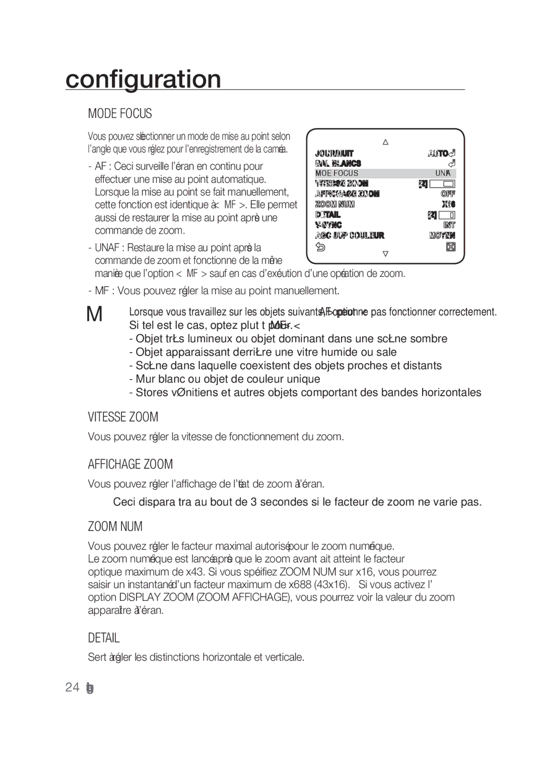 Samsung SCC-C4253P, SCC-C4355P manual Mode Focus, Vitesse Zoom, Affichage Zoom, Zoom NUM 