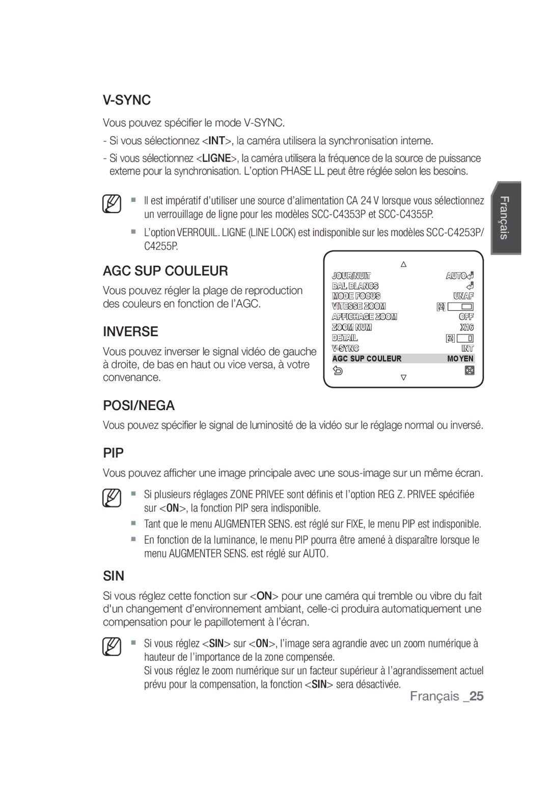 Samsung SCC-C4355P, SCC-C4253P manual Sin, Vous pouvez régler la plage de reproduction, Des couleurs en fonction de l’AGC 