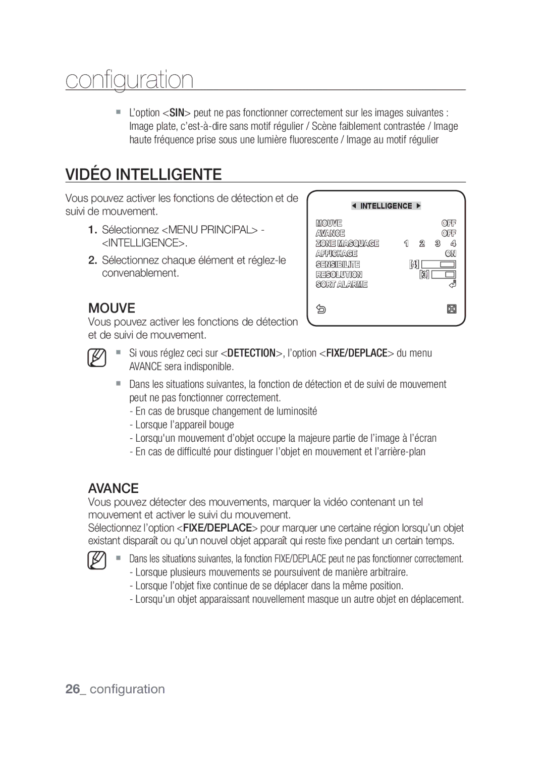 Samsung SCC-C4253P, SCC-C4355P manual Vidéo intelligente, Mouve, Avance 