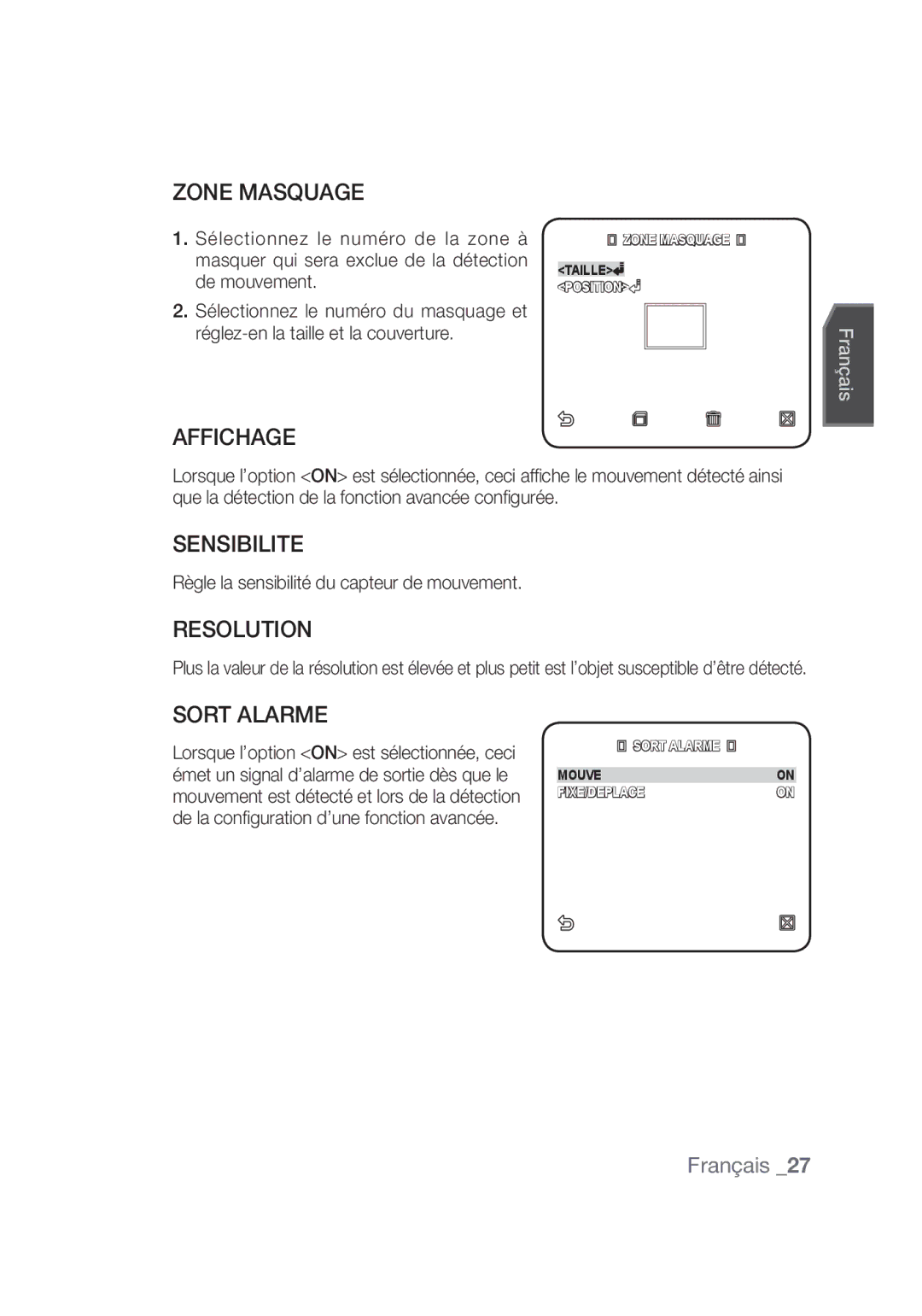 Samsung SCC-C4355P manual Zone Masquage, Affichage, Sensibilite, Sort Alarme, Règle la sensibilité du capteur de mouvement 