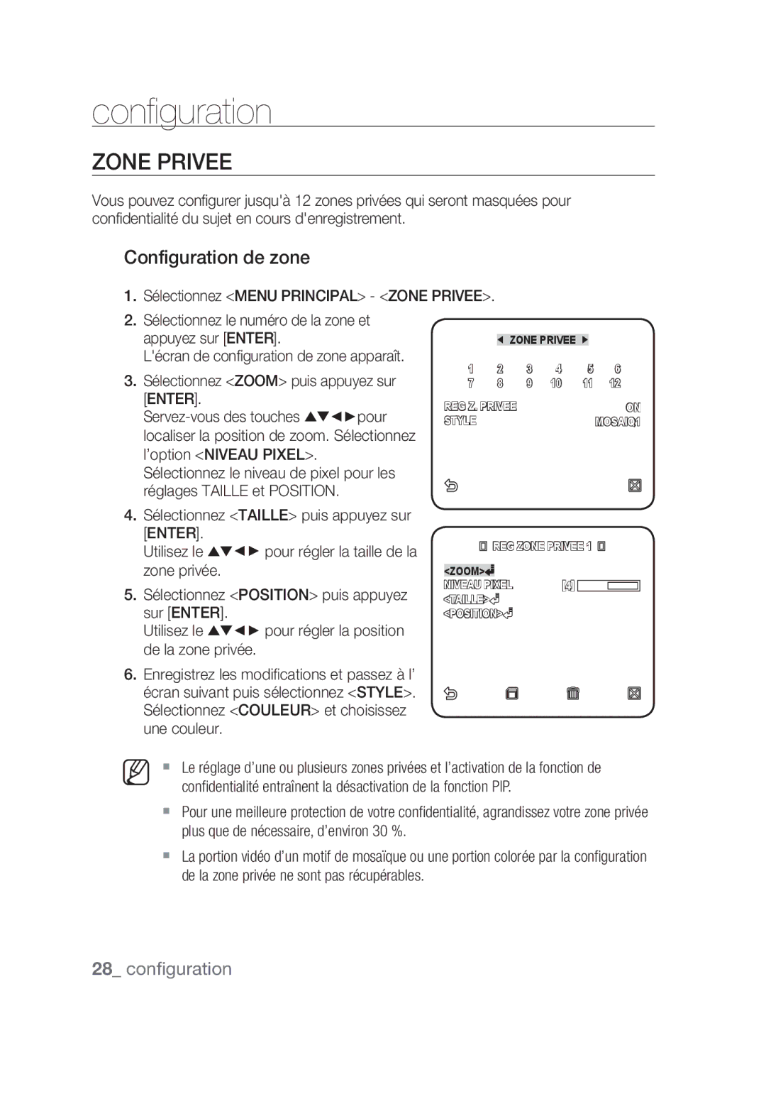 Samsung SCC-C4253P, SCC-C4355P manual Zone Privee, Configuration de zone, Plus que de nécessaire, d’environ 30 % 