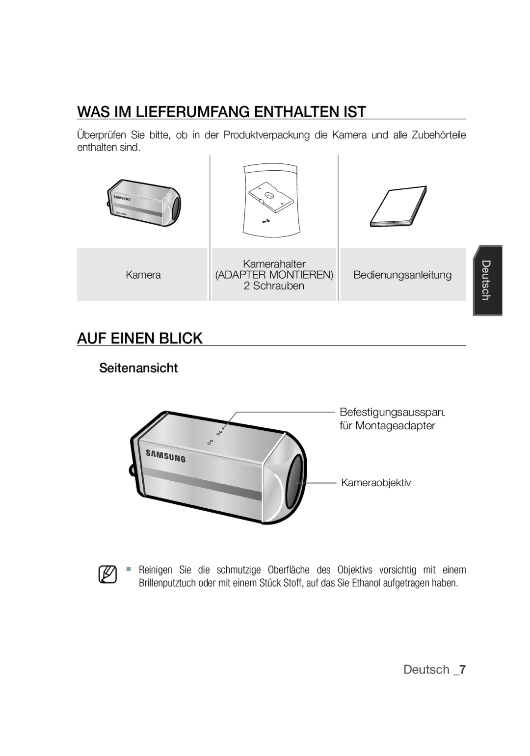 Samsung SCC-C4355P, SCC-C4253P manual Was im Lieferumfang enthalten ist, Auf einen Blick, Seitenansicht, Schrauben 