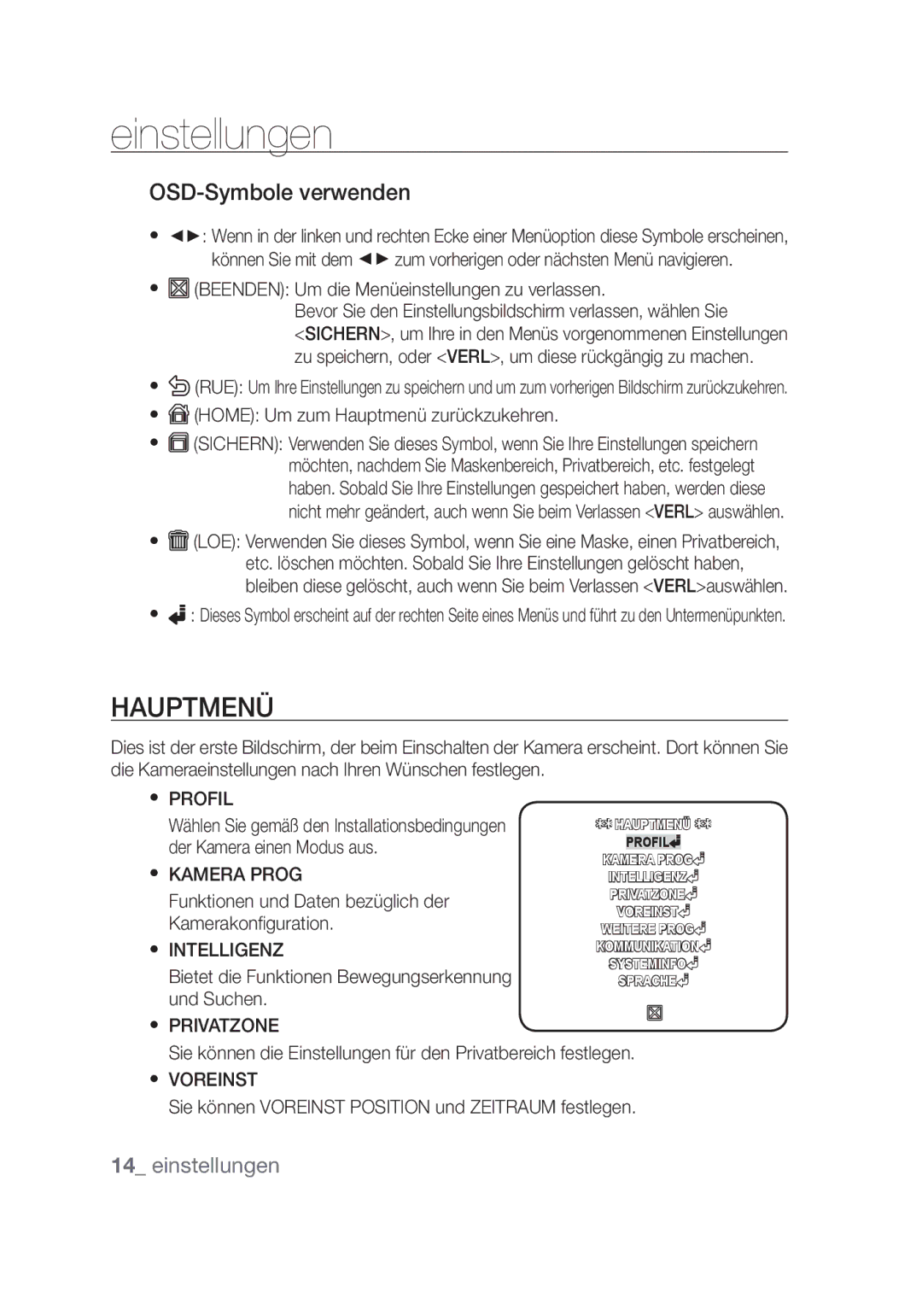 Samsung SCC-C4253P, SCC-C4355P manual Einstellungen, Hauptmenü, OSD-Symbole verwenden 