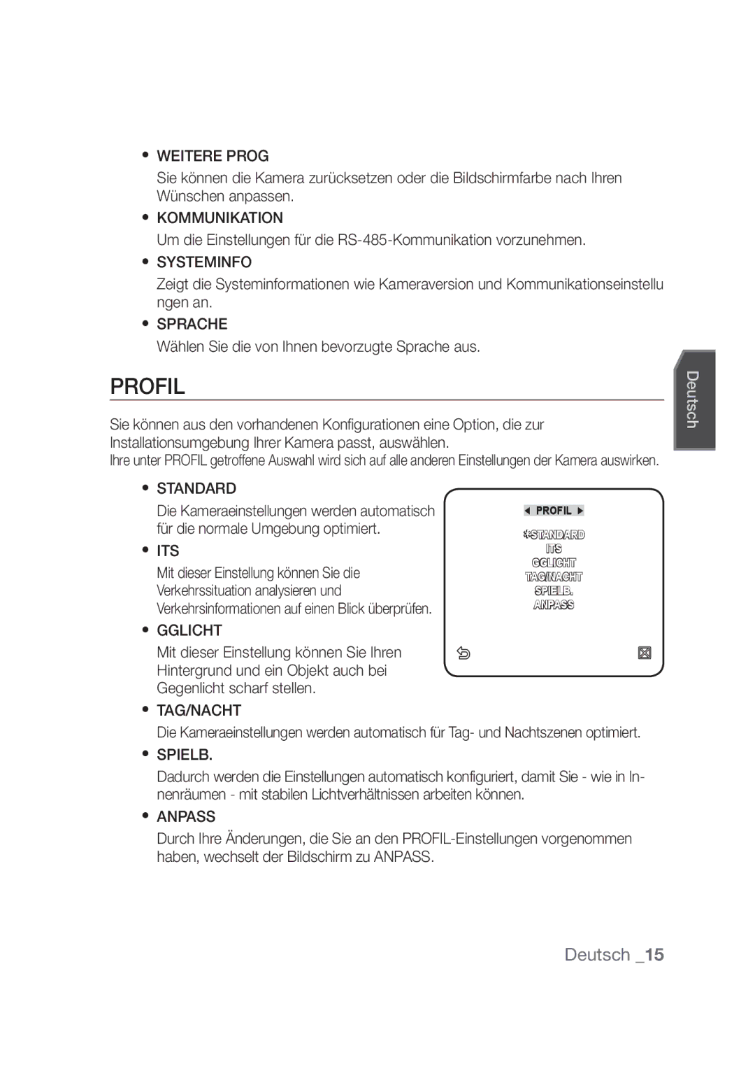 Samsung SCC-C4355P  Weitere Prog,  Kommunikation,  Systeminfo,  Sprache,  Gglicht,  Tag/Nacht,  Spielb,  Anpass 