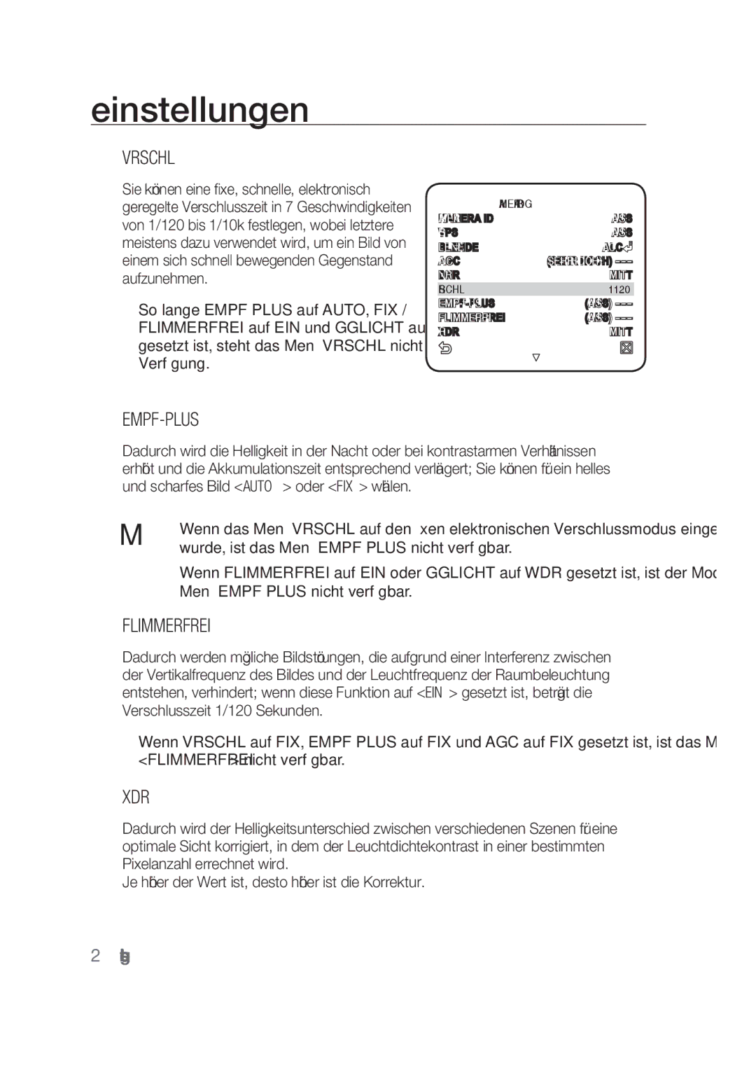 Samsung SCC-C4253P, SCC-C4355P manual Vrschl, Empf-Plus, Flimmerfrei, Wurde, ist das Menü Empf Plus nicht verfügbar 