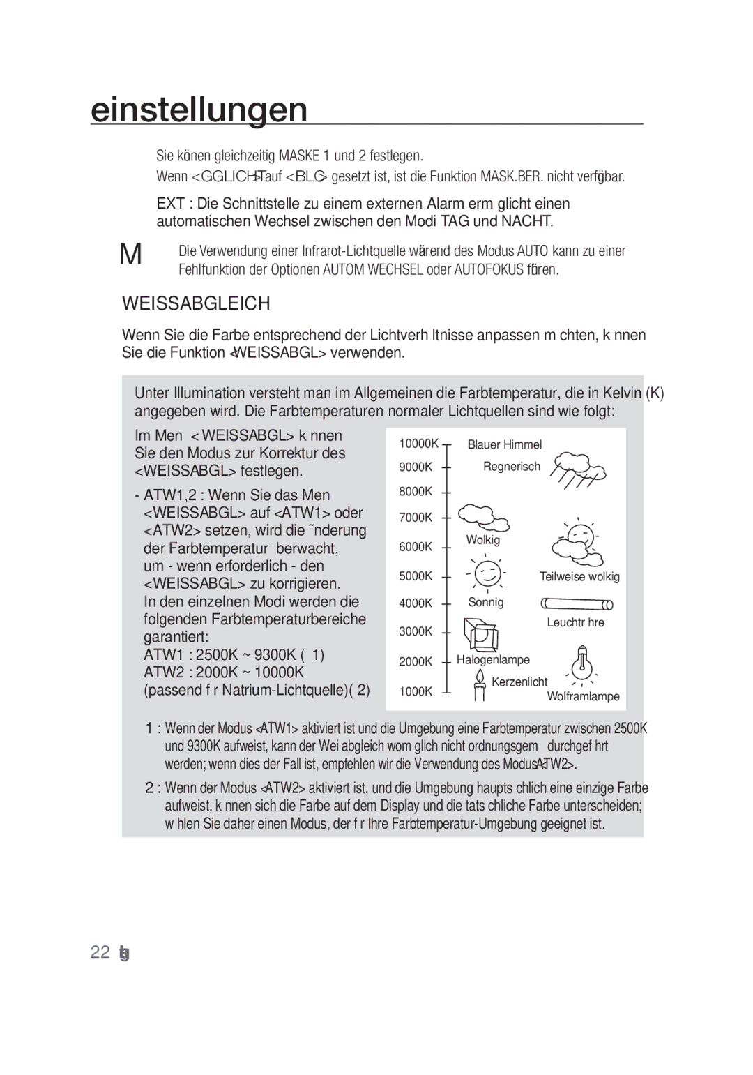 Samsung SCC-C4253P, SCC-C4355P Weissabgleich,  Sie können gleichzeitig Maske 1 und 2 festlegen, ATW1,2 Wenn Sie das Menü 