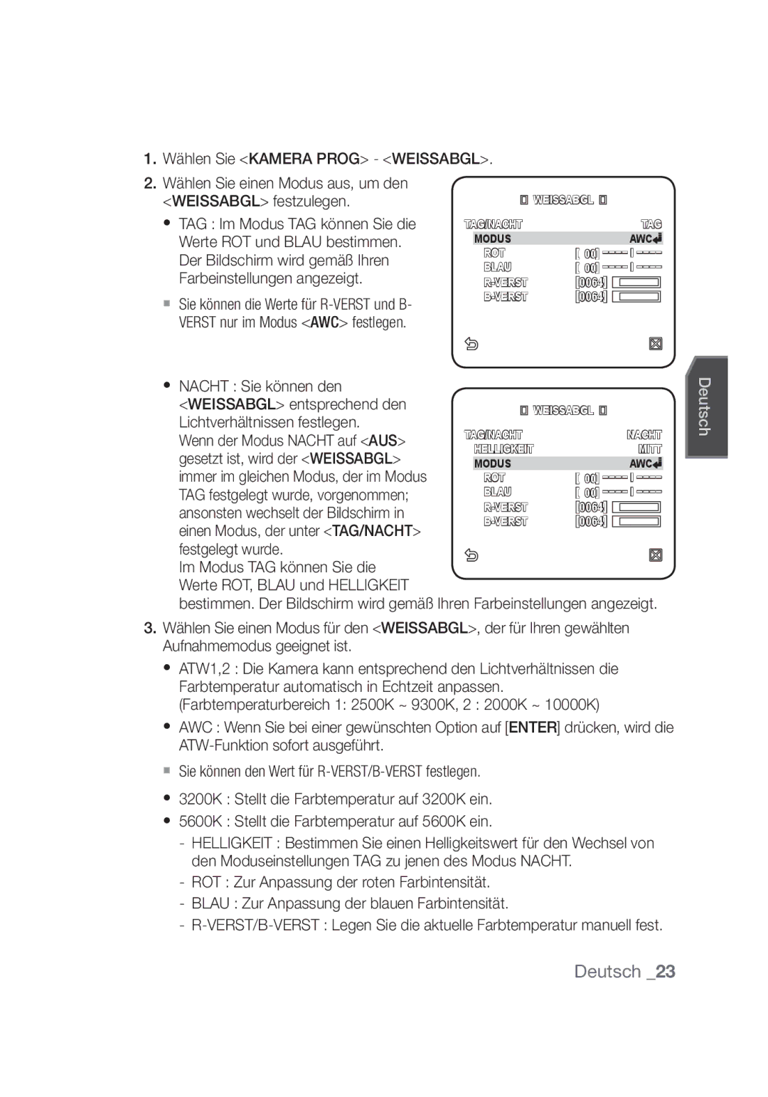 Samsung SCC-C4355P, SCC-C4253P manual Weissabgl entsprechend den, Lichtverhältnissen festlegen, Wenn der Modus Nacht auf AUS 