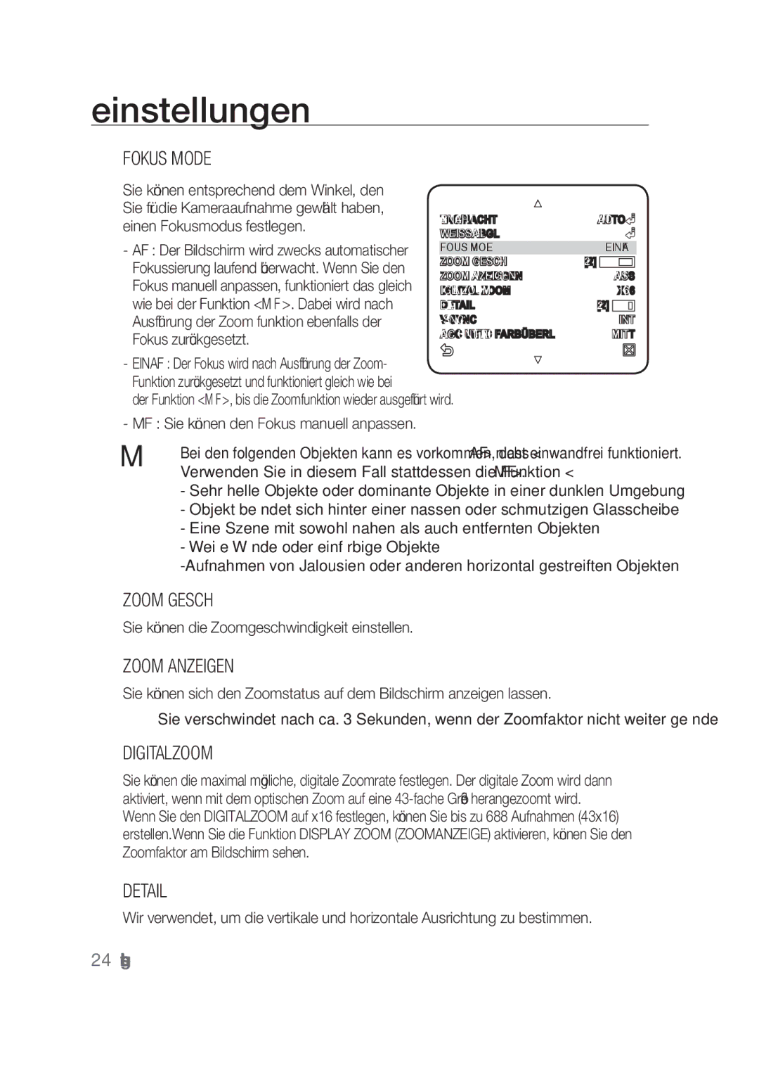 Samsung SCC-C4253P, SCC-C4355P manual Fokus Mode, Zoom Gesch, Zoom Anzeigen, Digitalzoom 