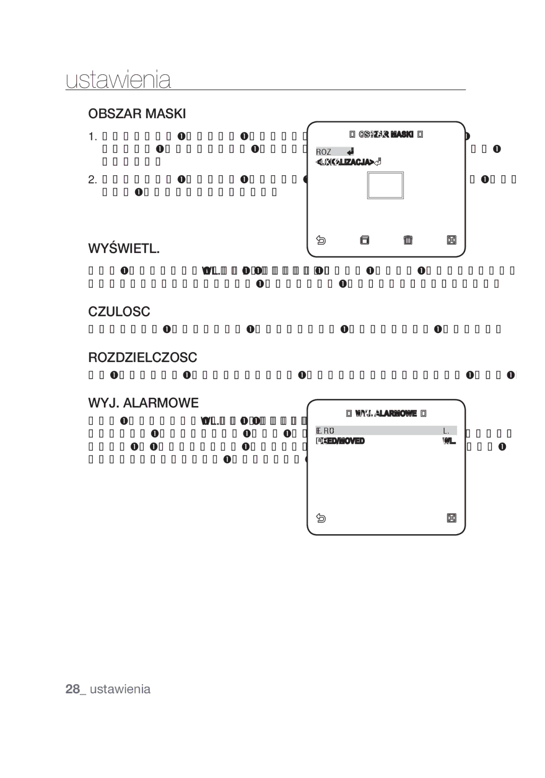 Samsung SCC-C4355P manual Obszar Maski, Wyświetl, Rozdzielczosc, WYJ. Alarmowe, Ustawia czułość czujnika detekcji ruchu 