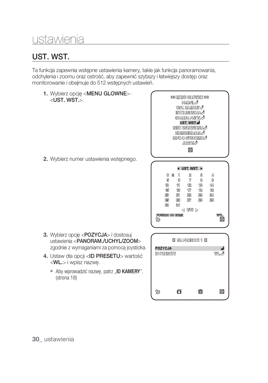 Samsung SCC-C4355P manual Ust. Wst, Wybierz opcję Menu GLOWNE- UST. WST, Wybierz numer ustawienia wstępnego 