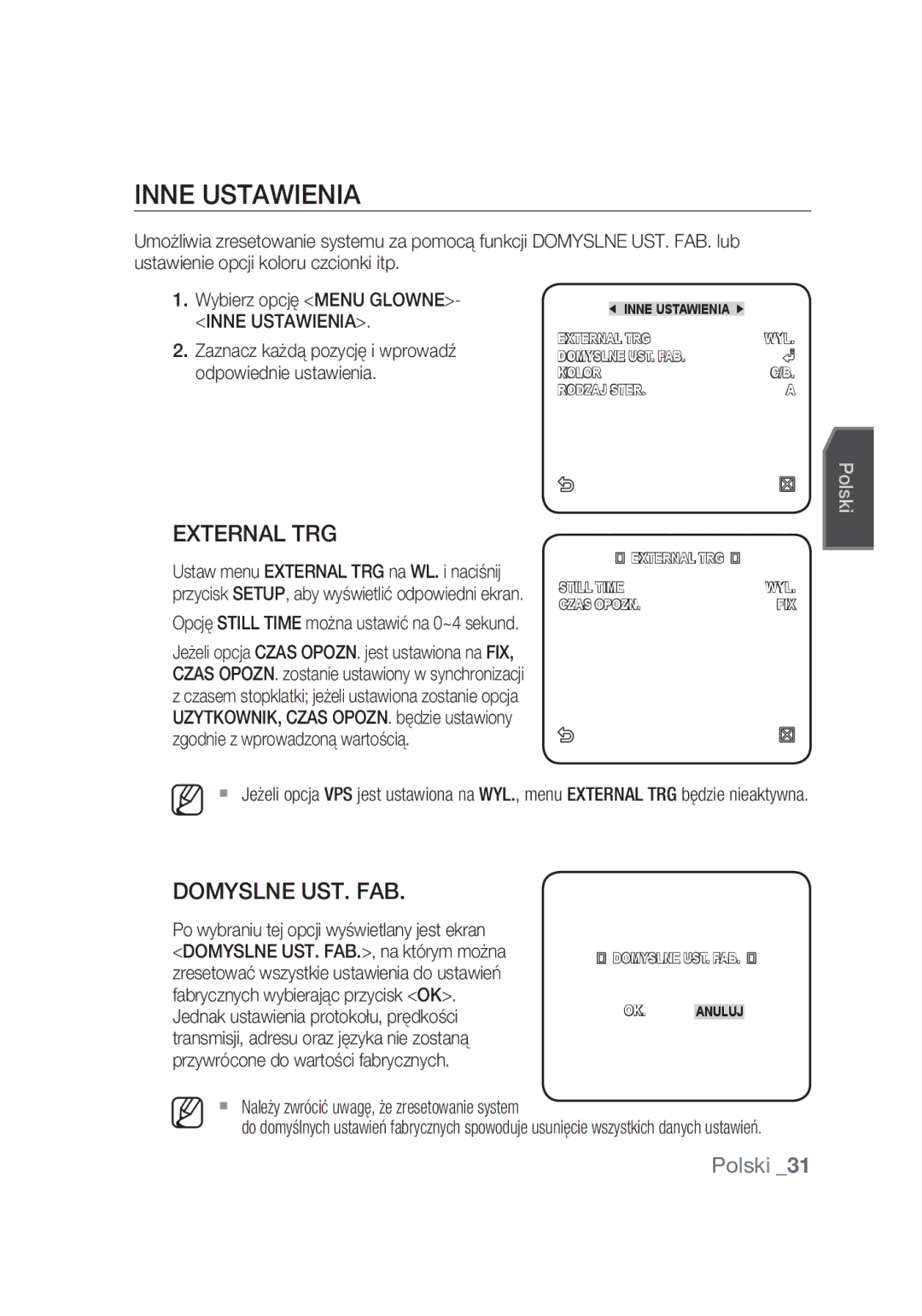 Samsung SCC-C4355P manual Inne Ustawienia, Domyslne UST. FAB 