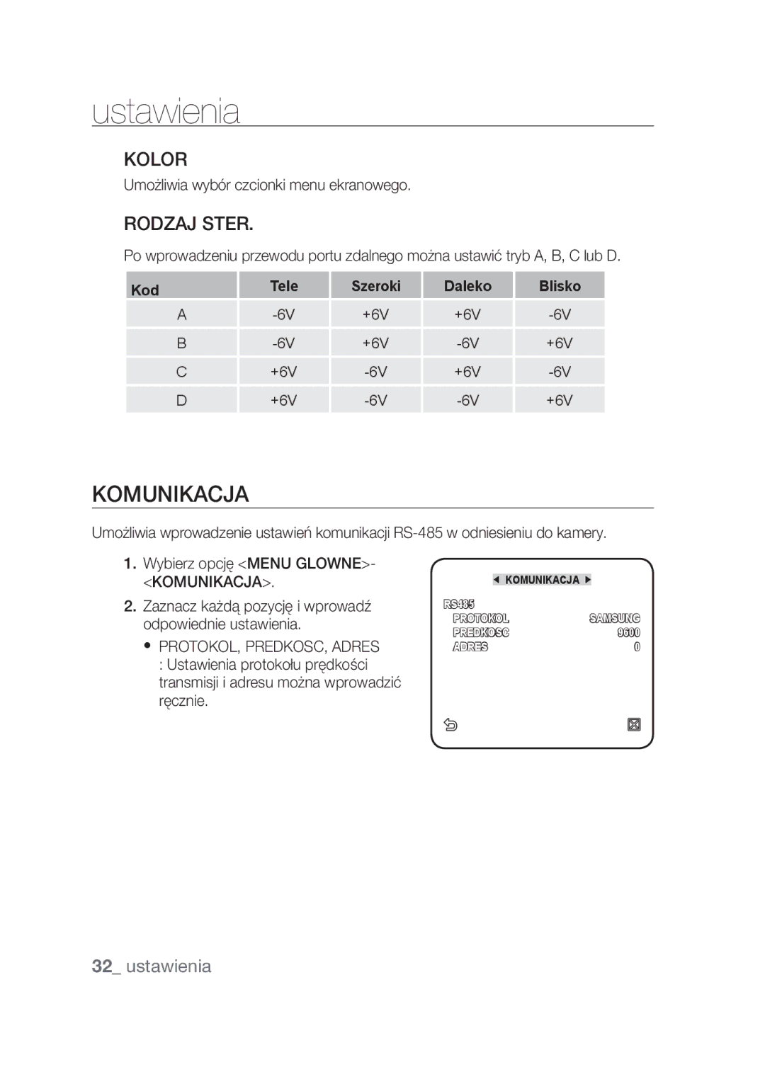 Samsung SCC-C4355P manual Komunikacja, Kolor, Rodzaj Ster, Umożliwia wybór czcionki menu ekranowego 