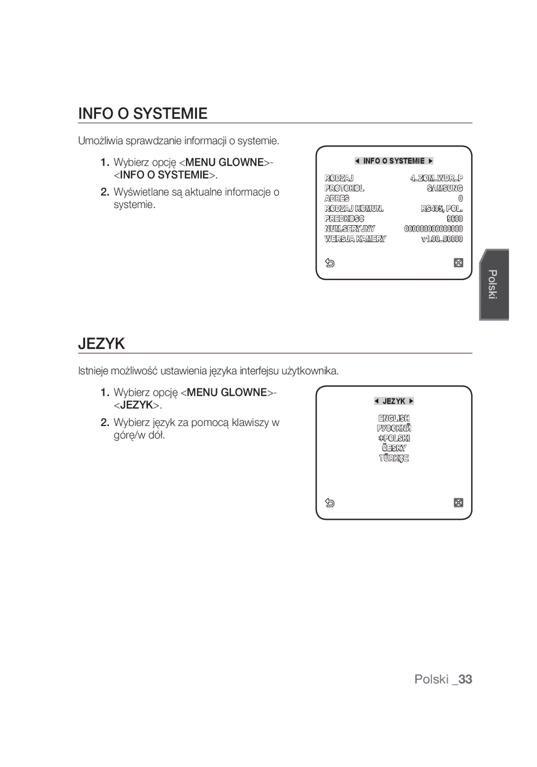 Samsung SCC-C4355P manual Info O Systemie, Jezyk, Wyświetlane są aktualne informacje o systemie 