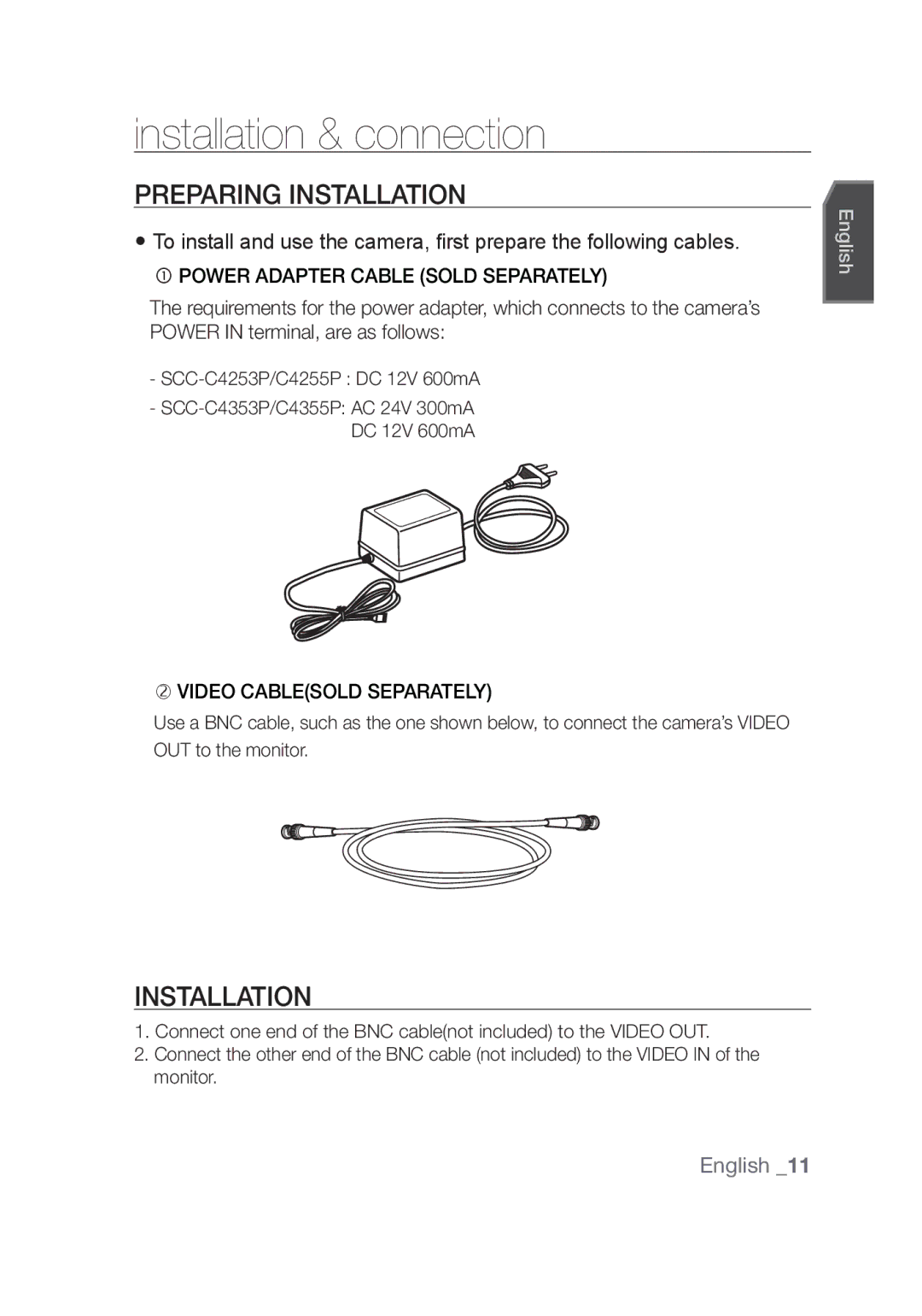 Samsung SCC-C4355P manual Installation & connection, Preparing Installation, English, SCC-C4253P/C4255P DC 12V 600mA 