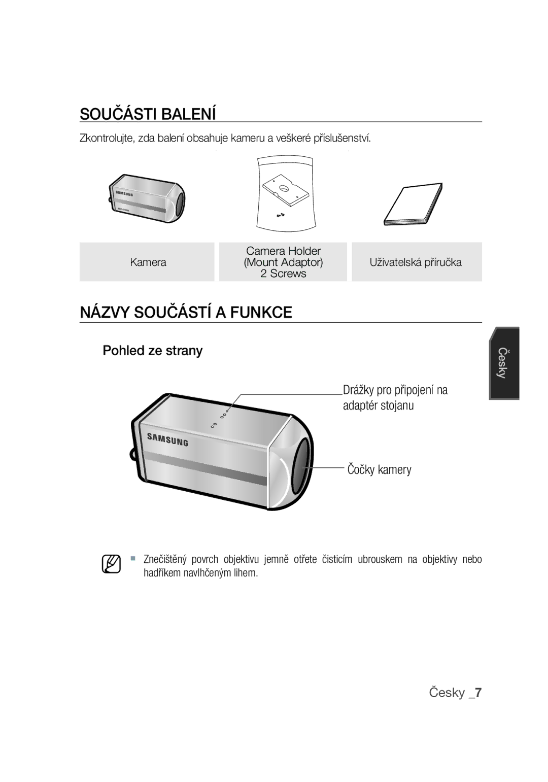 Samsung SCC-C4355P manual Součásti balení, Názvy součástí a funkce, Pohled ze strany, ČočkyCamerakameryLens 