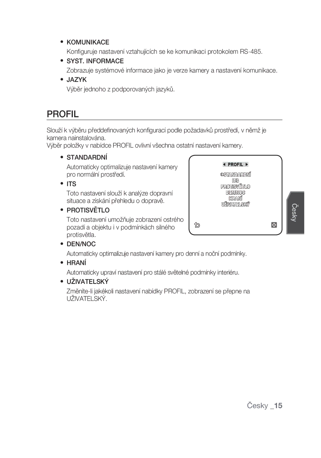 Samsung SCC-C4355P  Komunikace,  SYST. Informace,  Jazyk,  Standardní,  Protisvětlo,  Den/Noc,  Hraní, Uživatelský 