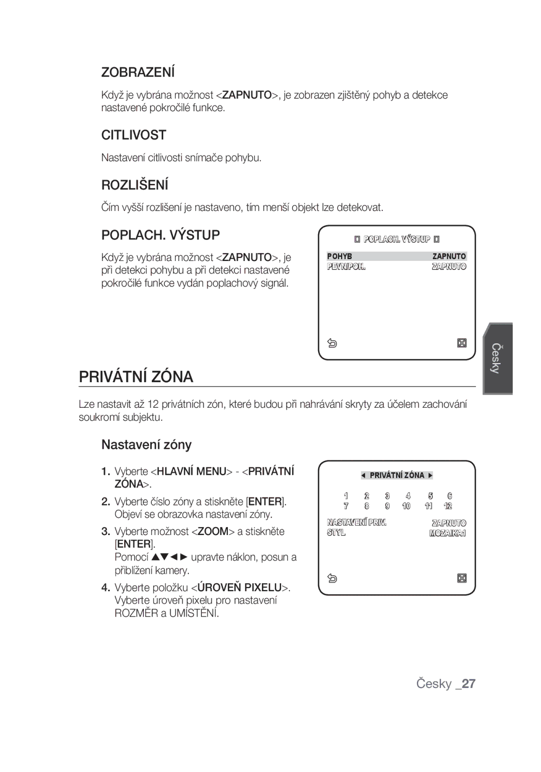 Samsung SCC-C4355P manual Privátní Zóna, Zobrazení, Citlivost, Rozlišení, POPLACH. Výstup 