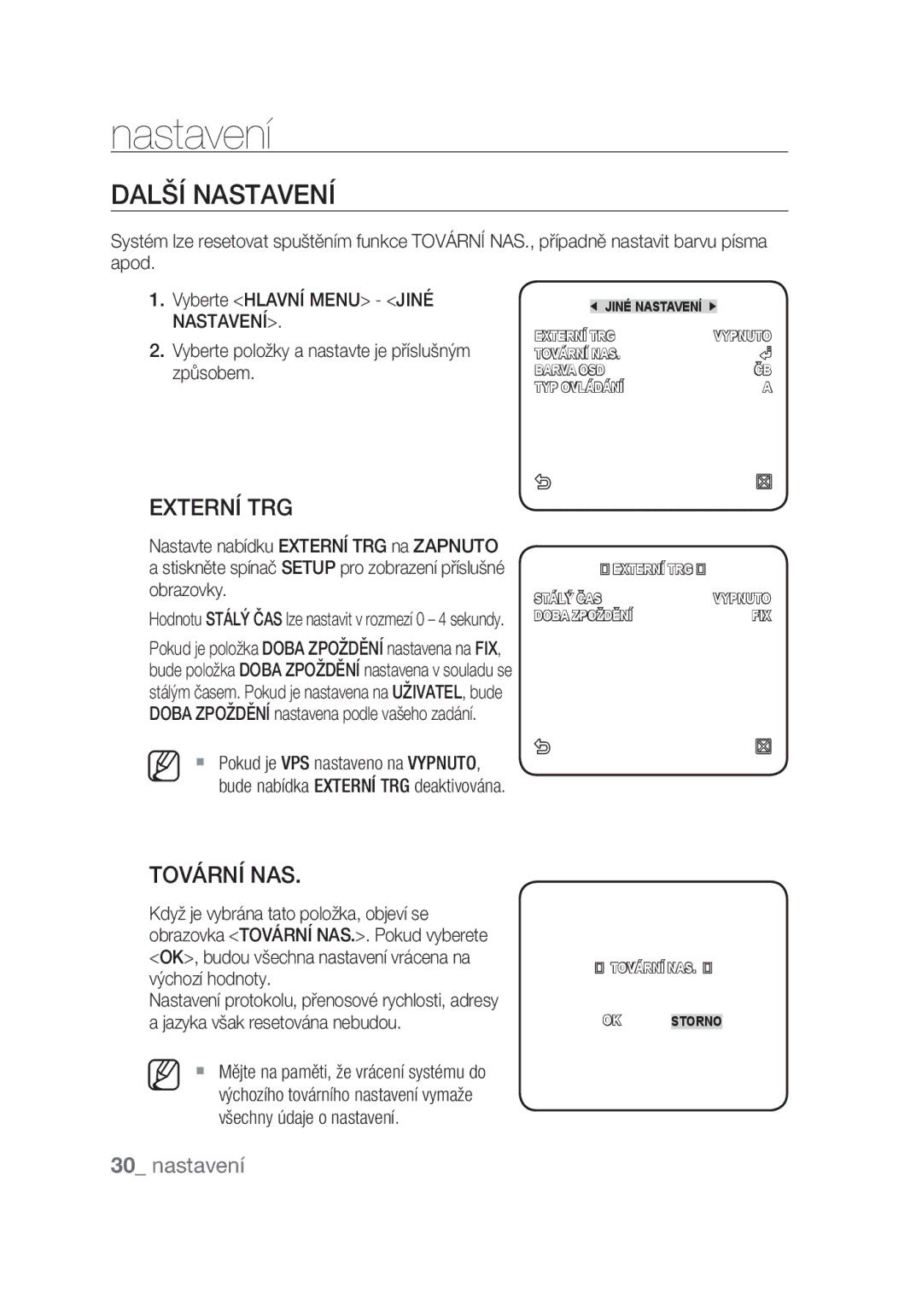 Samsung SCC-C4355P manual Další Nastavení, Externí TRG, Tovární NAS 