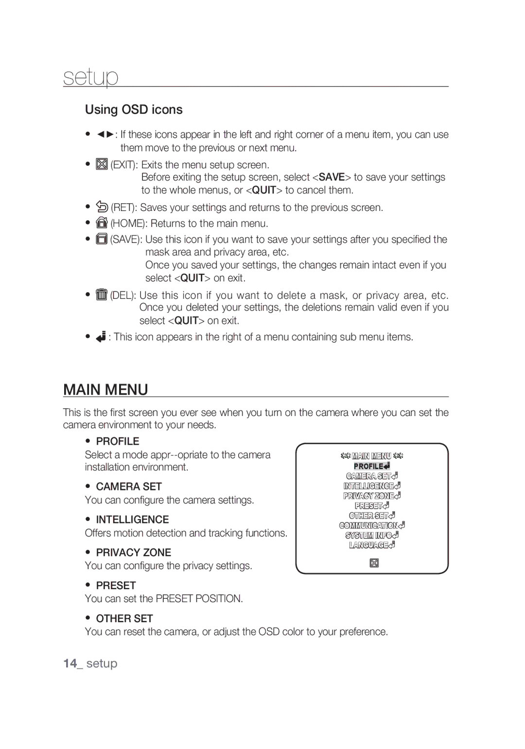 Samsung SCC-C4355P manual Setup, Main Menu, Using OSD icons 