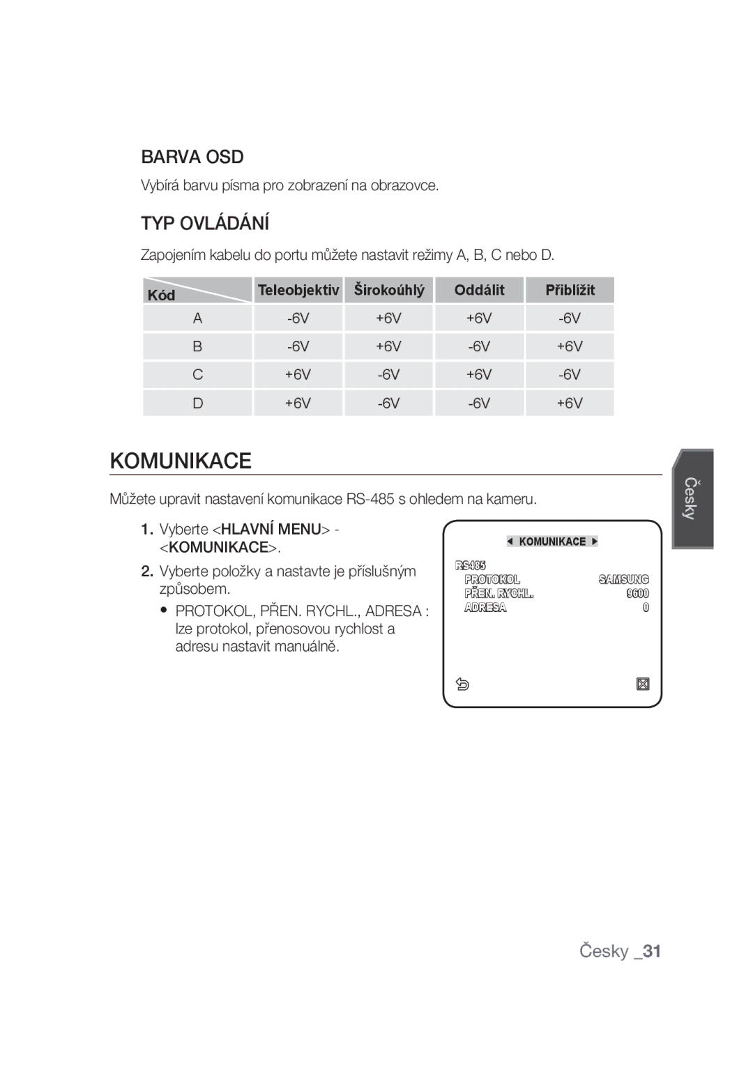 Samsung SCC-C4355P manual Komunikace, Barva OSD, TYP Ovládání, Vybírá barvu písma pro zobrazení na obrazovce 