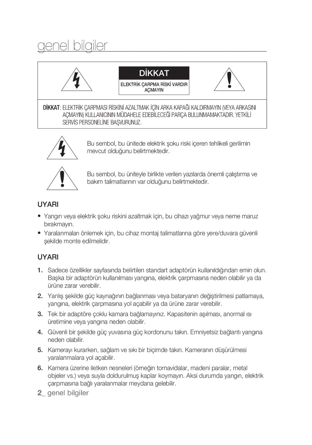 Samsung SCC-C4355P manual Genel bilgiler, Uyari,  genel bilgiler 