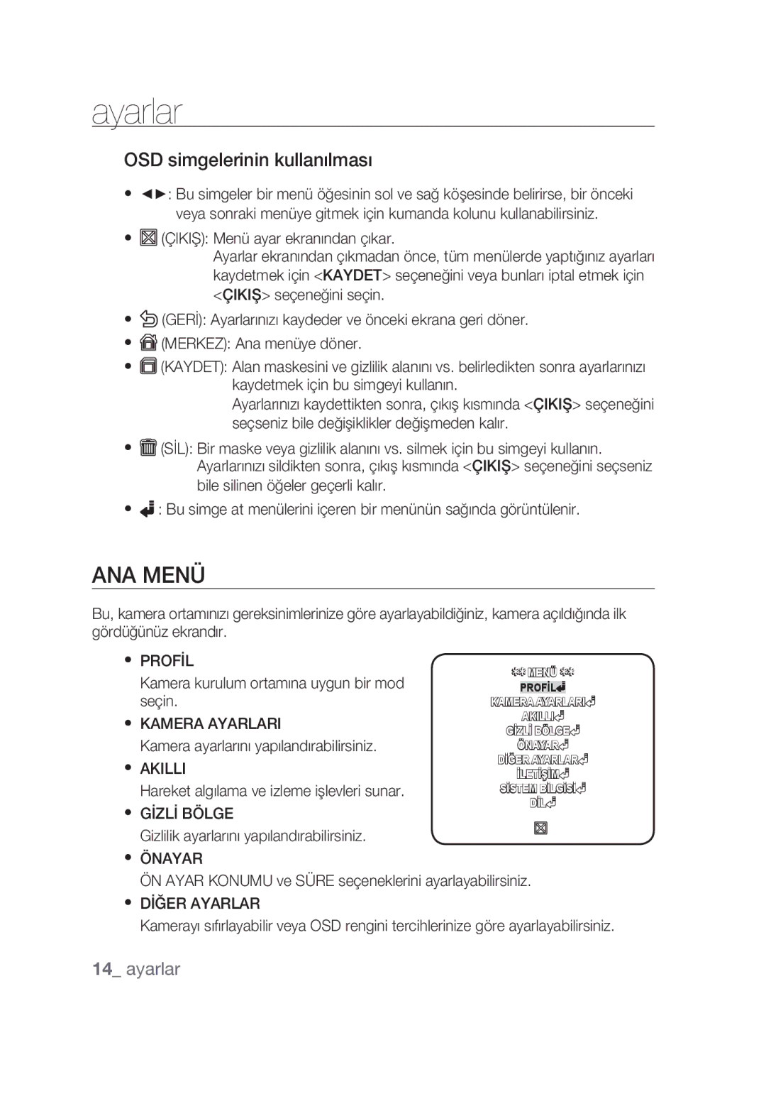 Samsung SCC-C4355P manual Ayarlar, Ana Menü, OSD simgelerinin kullanılması 