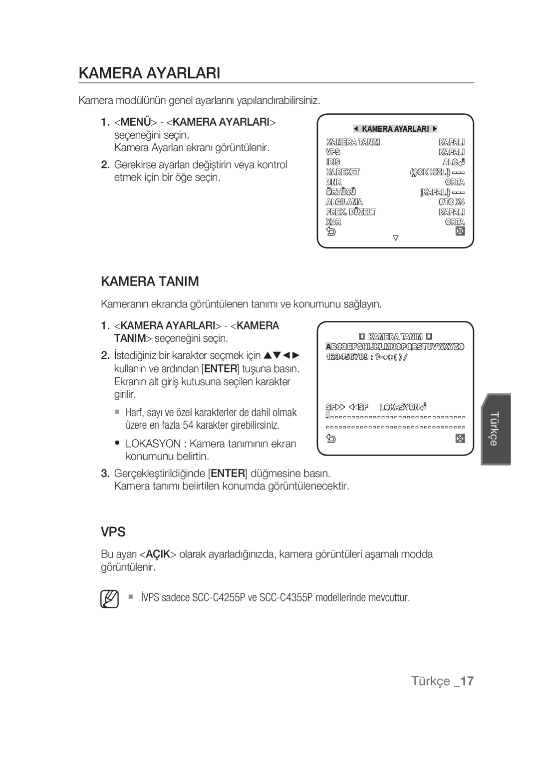 Samsung SCC-C4355P manual Kamera Ayarlari, Kamera Tanim, Kameranın ekranda görüntülenen tanımı ve konumunu sağlayın 