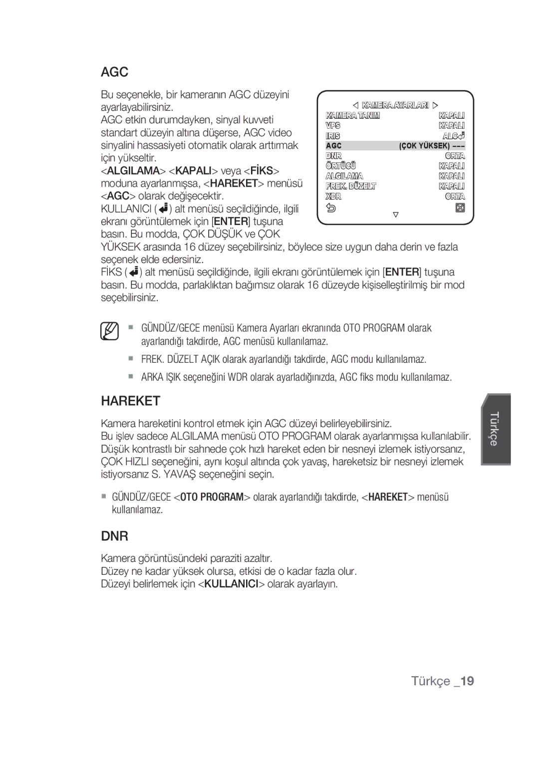 Samsung SCC-C4355P manual Hareket 