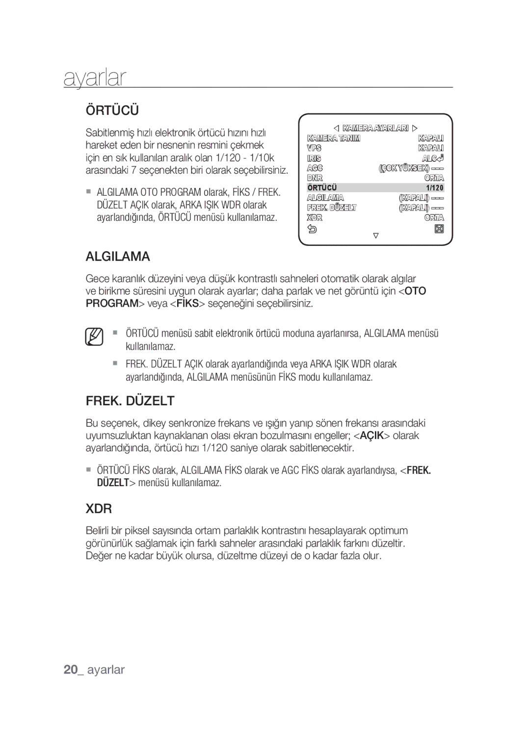 Samsung SCC-C4355P manual Örtücü, Algilama, FREK. Düzelt 